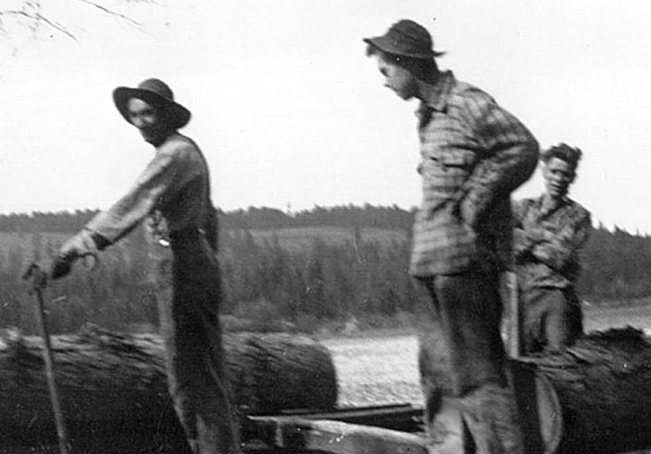 Three men are working beside a primitive sawmill. The saw is cutting a large Larch log and another large log is on the carriage waiting to be cut. The sawmill is in an open field.