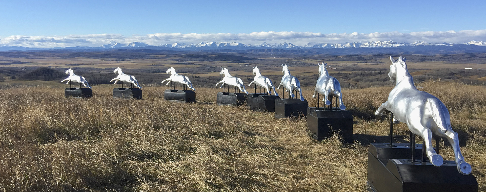 Colour photograph of landscape with eight silver coin-operated horses lined up in front of mountain panorama