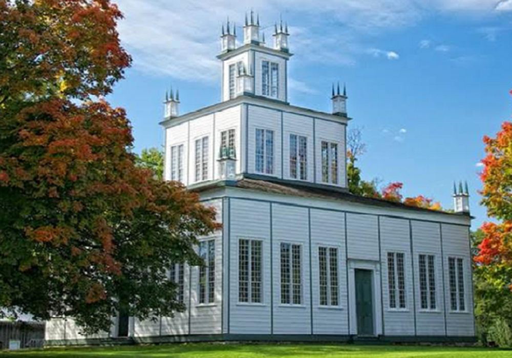 The Sharon Temple in the fall time.