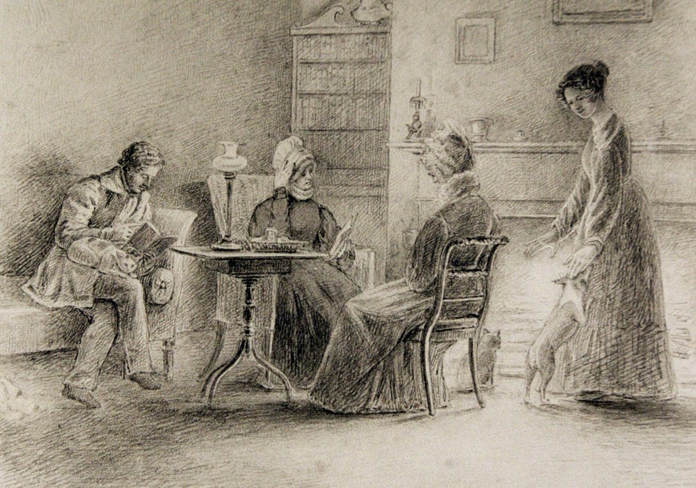 Black and white sketch of the inside of Blythe House. In the sketch you see John sitting on a chesterfield; two women at the table; and, Anne Langton in front of a fire patting a small dog.