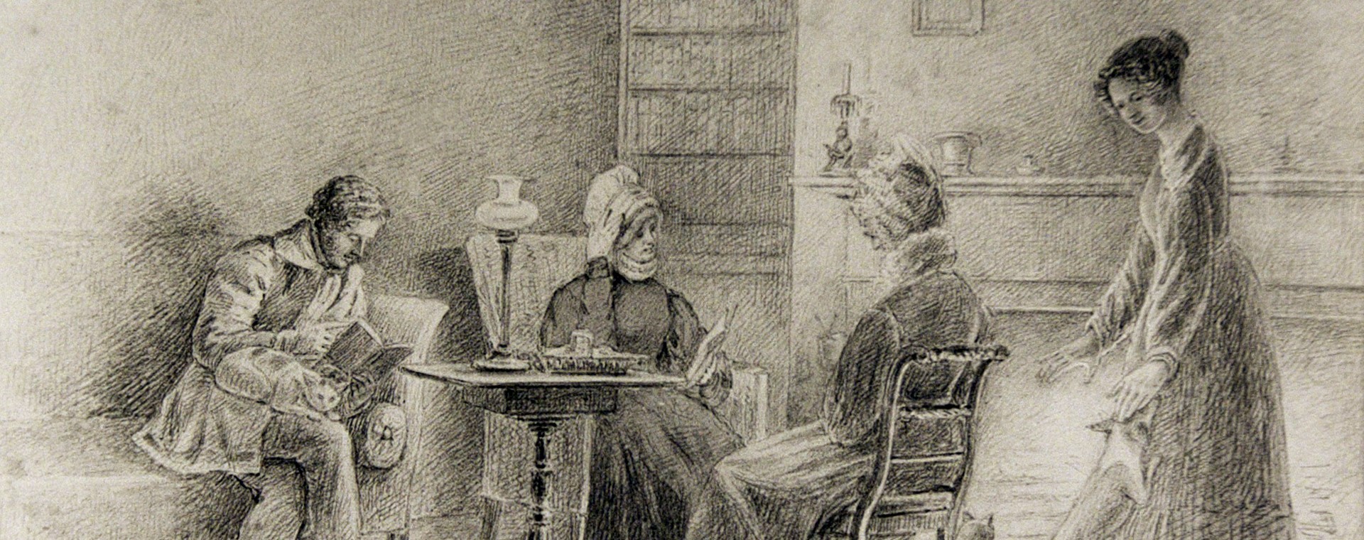 Black and white sketch of the inside of Blythe House. In the sketch you see John sitting on a chesterfield; two women at the table; and, Anne Langton in front of a fire patting a small dog.