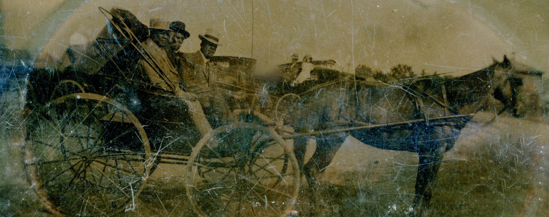 Tin photo circa 1900 depicting Solomon Kendall 2nd alongside one Black man and white man in a horse drawn carriage