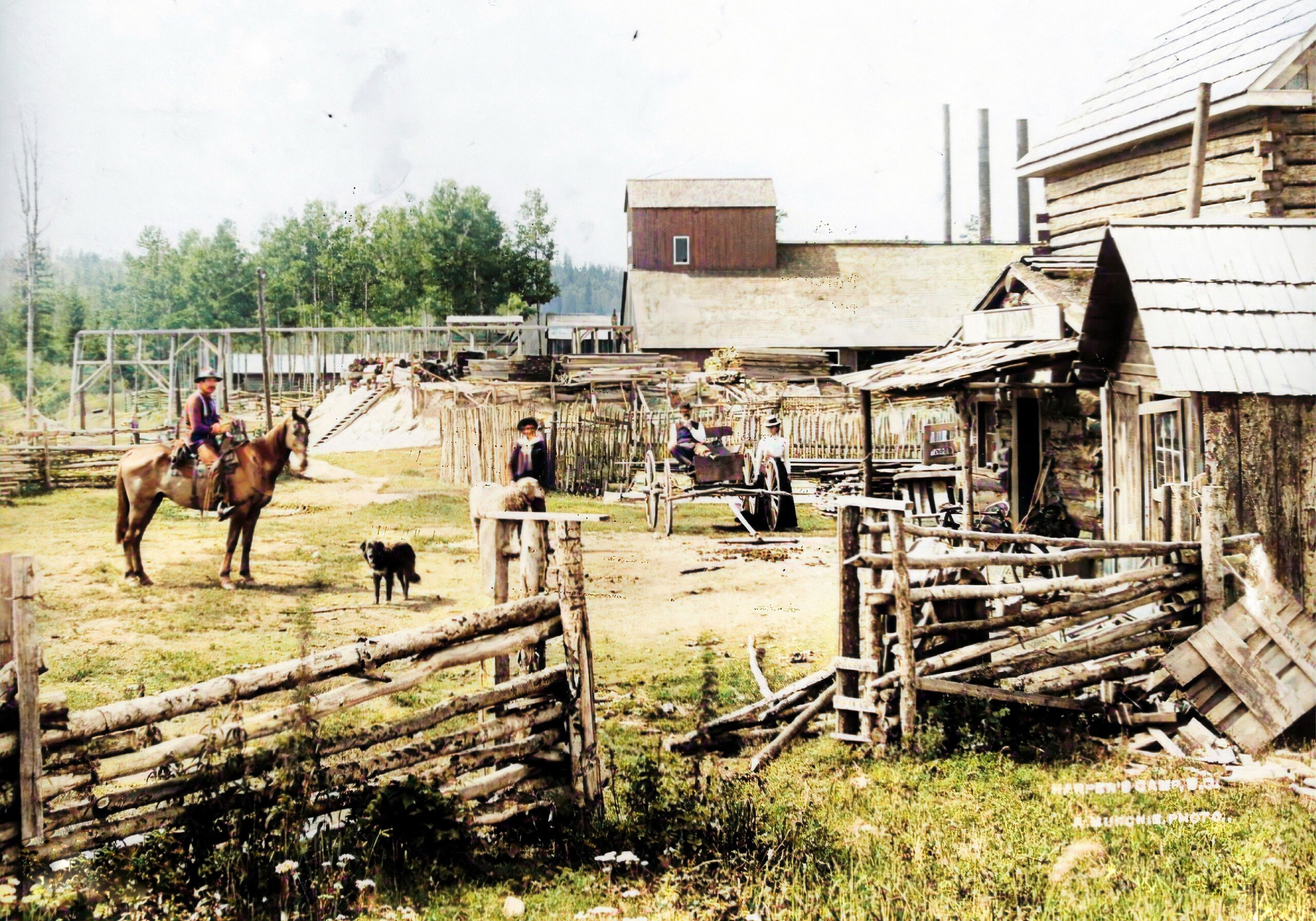 Man on horseback, dog and buggy in front of wooden buildings and fences