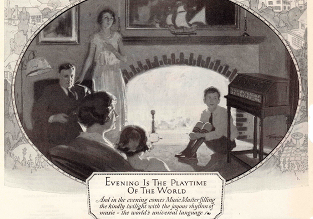 A black and white illustration of a family featuring a mother, father, two daughters and one son seated indoors in front of a burning fireplace and a radio. The illustration is oval-shaped and bordered by another illustration of a rural landscape.