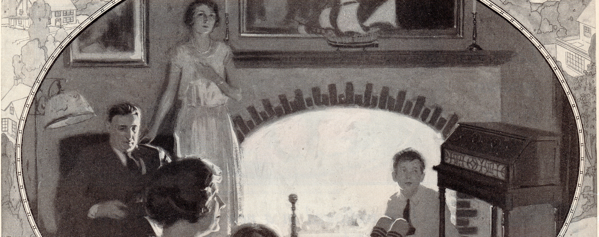 A black and white illustration of a family featuring a mother, father, two daughters and one son seated indoors in front of a burning fireplace and a radio. The illustration is oval-shaped and bordered by another illustration of a rural landscape.
