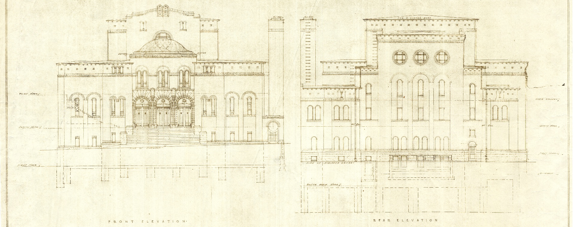 Dessin architectural de la vue de face et de l’arrière de l’édifice Shaar Hashomayim à Westmount.